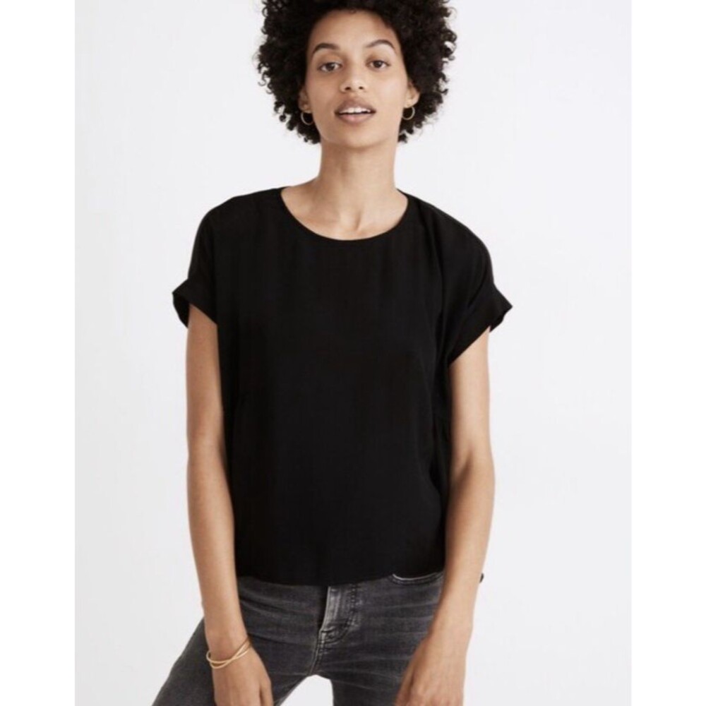 Madewell Black Crepe Cuffed Sleeve Shirred Lightweight Top Small Minimal Relaxed